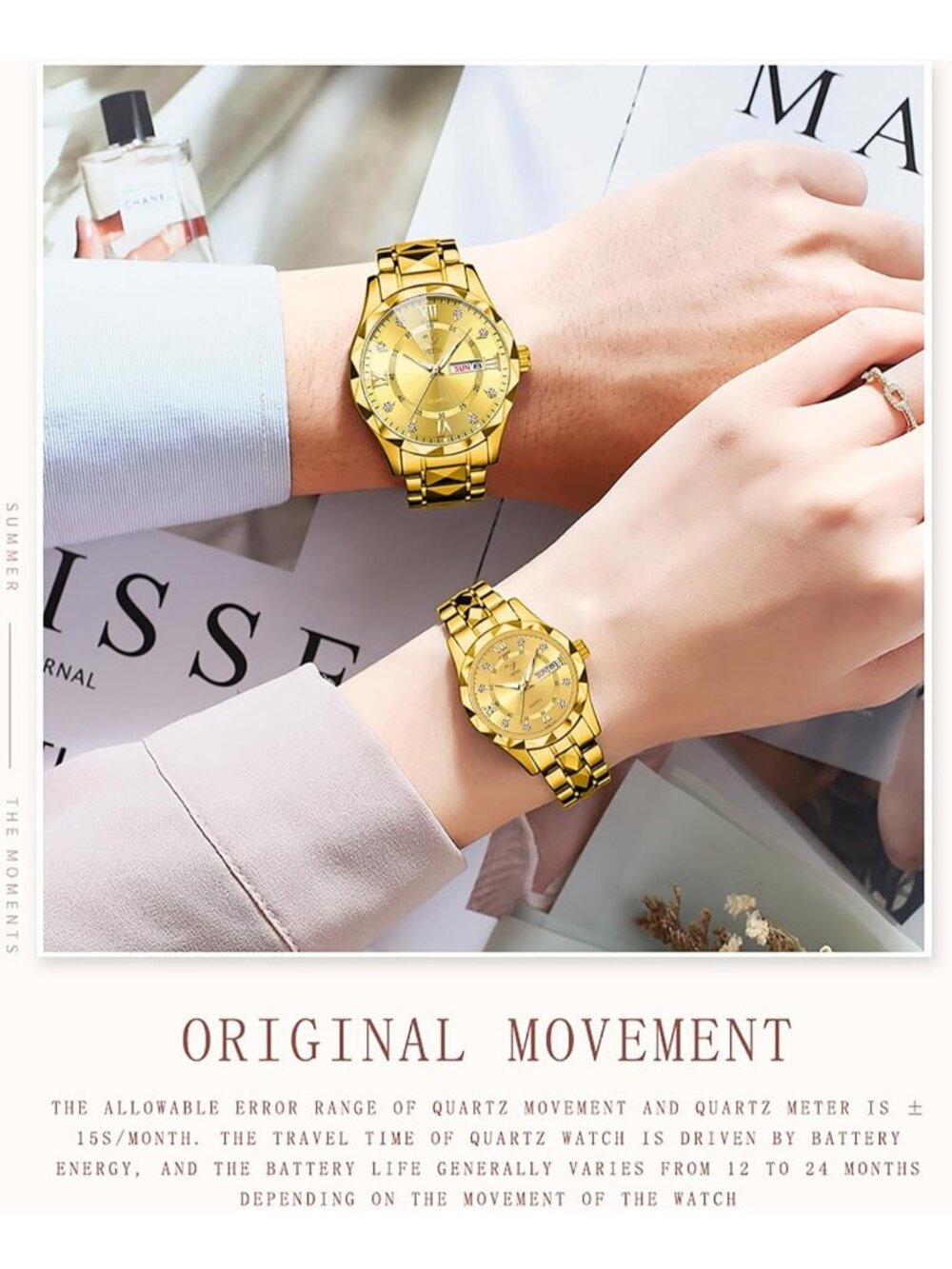 Men Women's Gold band and Gold dial Couple Watches Set Luxury Diamond for Lovers - Picture 6 of 7